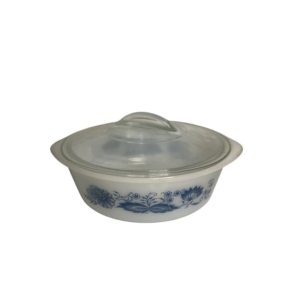 VTG Glasbake White Blue Floral Casserole Dish Oven Safe Lid Serving Bakeware